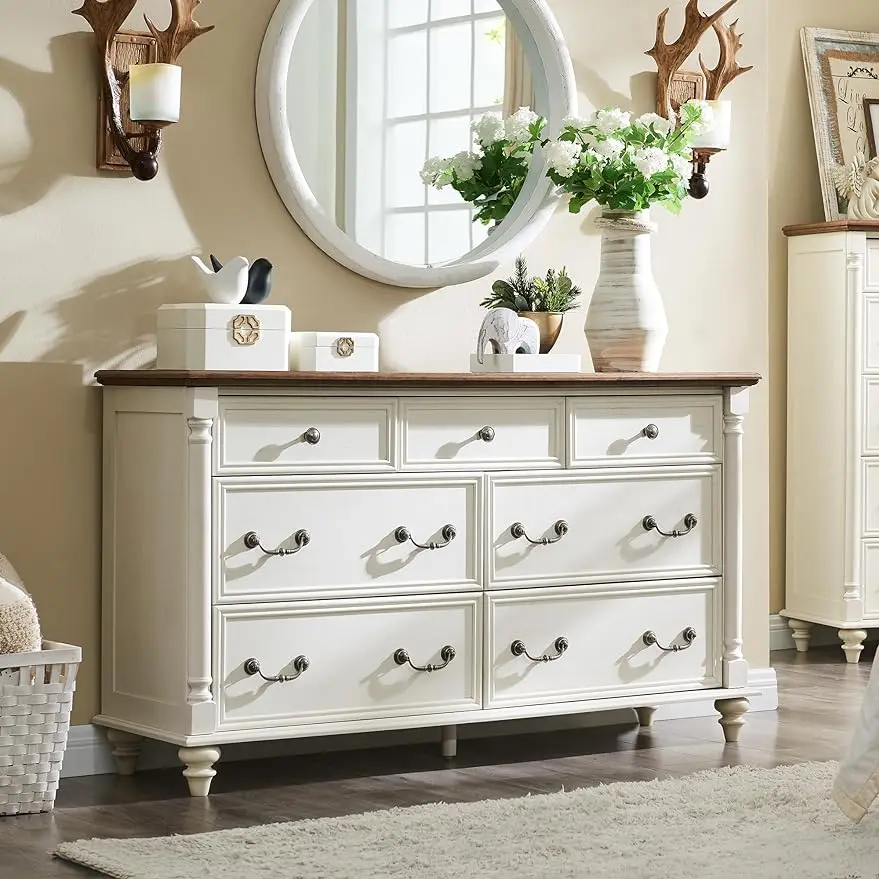 Country/ Farmhouse2/ 6/ 7 Drawers Dresser Chests for Bedroom w/4 Solid Wood Feet &Column Decor for Bedroom,  Living Room,Office