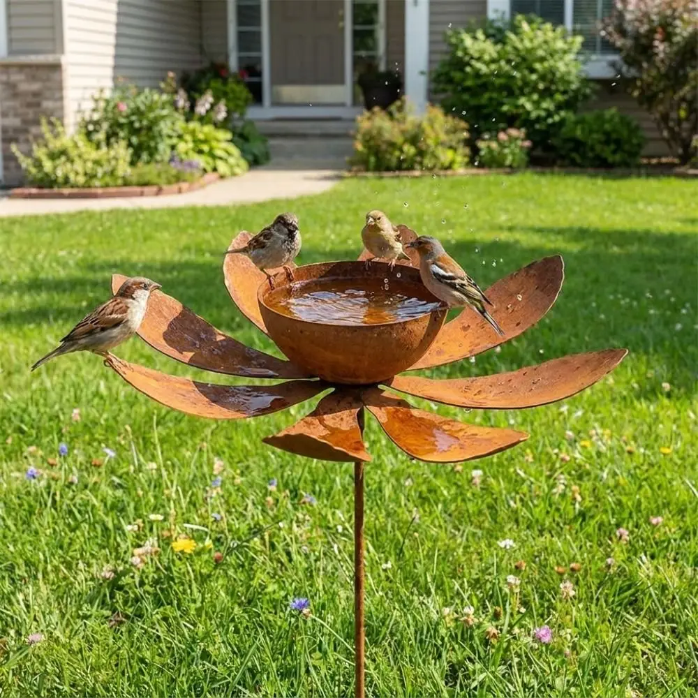 Flower Shape Metal Garden Birdbath Ground Insert Iron Art Bird Water Dispenser Rusty Handmade Butterfly Bath Bowl