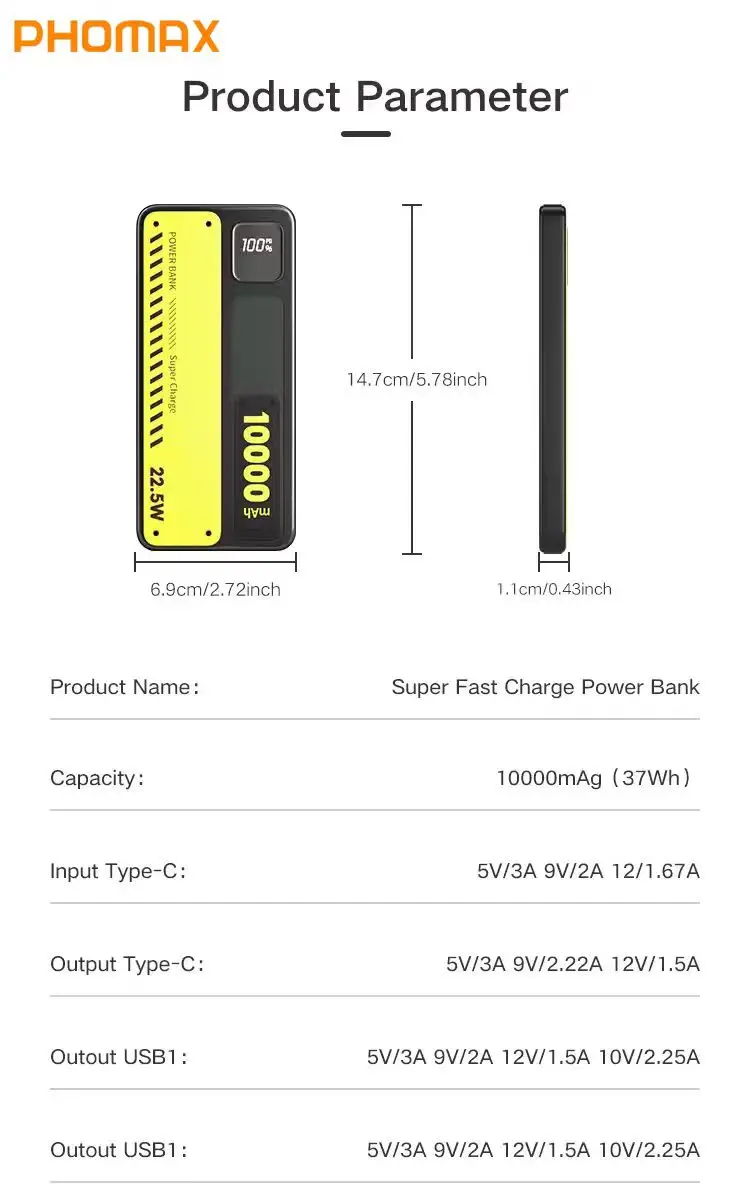 

PHOMAX 22.5W Portable Charger Power Bank Type-C with Digital Display Best Quality Cell Phone Charging Power Bank