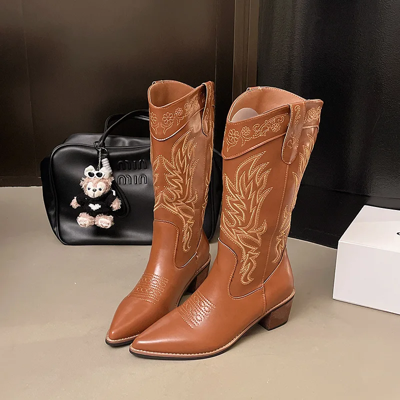 Women's Western Cowboy Boots Retro Embroidered Knight Boots Fashion Mid-Calf V-Notch Boot Pointed Leather Boots for Women Botas