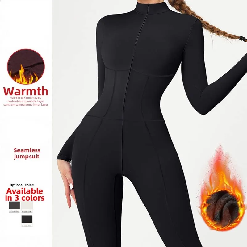 Women One‑Piece Stand Collar Zipper Fleece Lined Warm Long Sleeve Yoga Jumpsuit For Outdoor Sports Gym Fitness Workout