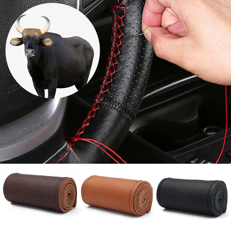 Car Steering Wheel Braid Cover With Needles And Thread Genuine Leather Steering Wheel Covers Diy Auto Accessories