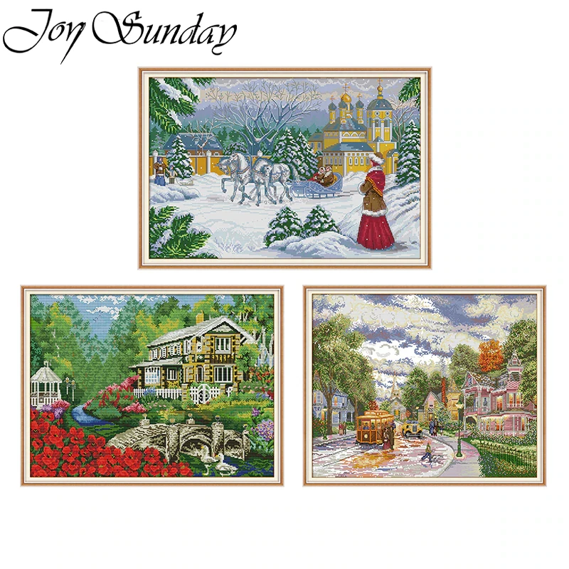 

Joy Sunday Town Evening Landscape Painting Cross Stitch Kits Printed Canvas DMC Thread Needlework Embroidery Sets Factory Supply