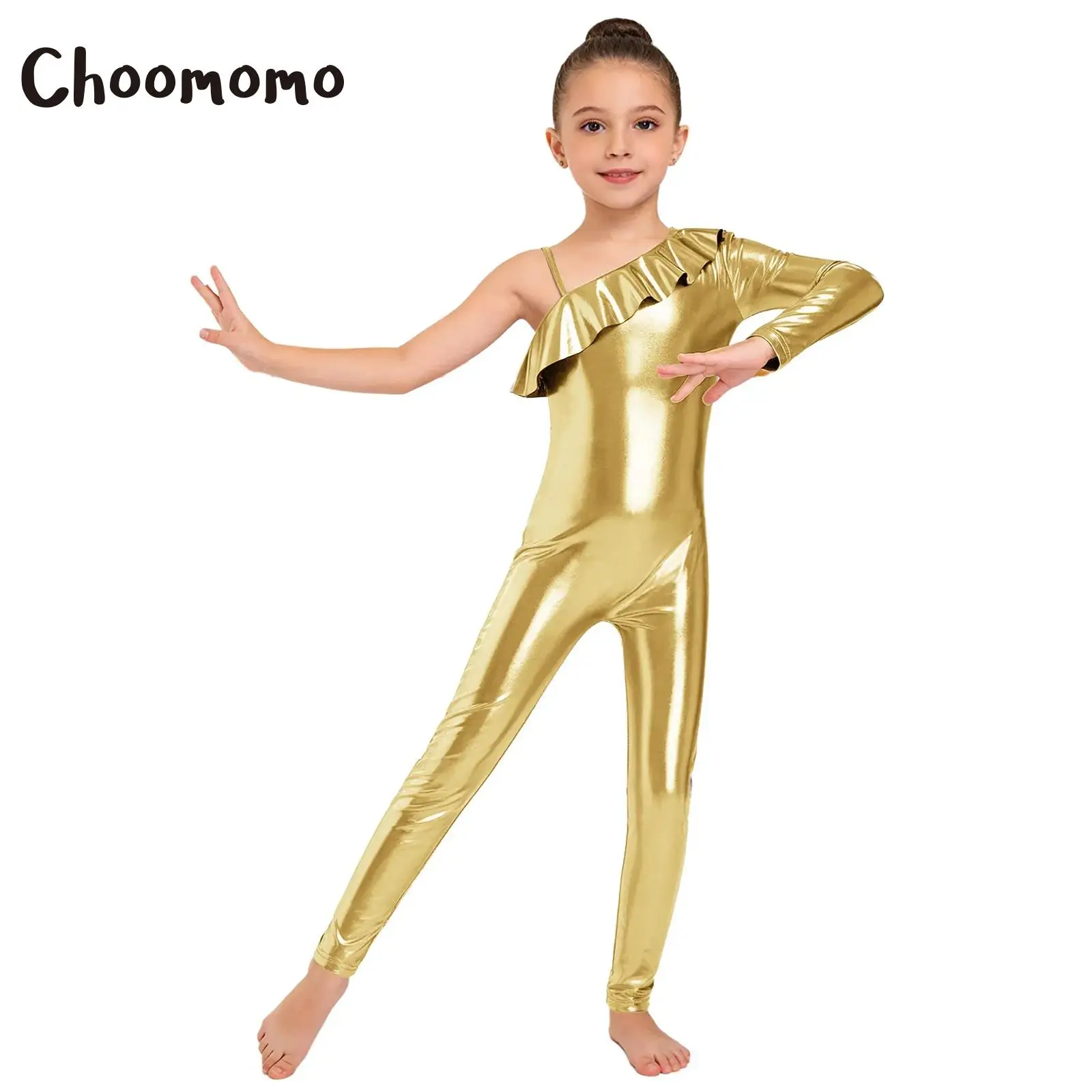 

Kids Girls One Shoulder Long Sleeve Ballet Dance Leotard Ruffle Metallic Shiny Gymnastic Jumpsuit Workout Skating Full Bodysuit