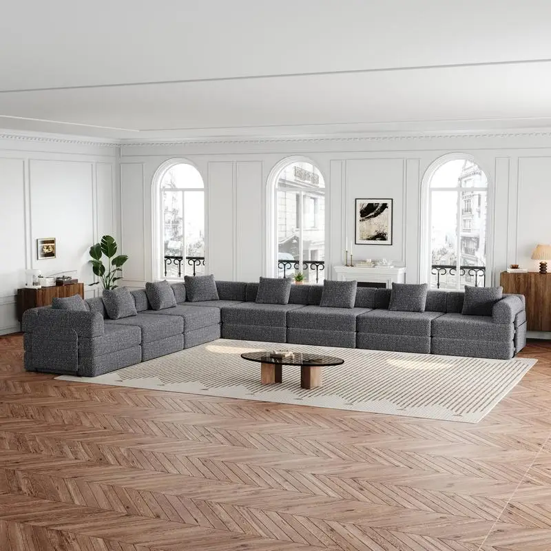 أريكة سرير شانيل قابلة للتحويل مكونة من 8 مقاعد مع جيوب تخزين جانبية، تصميم قابل للطي لغرفة المعيشة وغرفة النوم والدراسة، سجادة