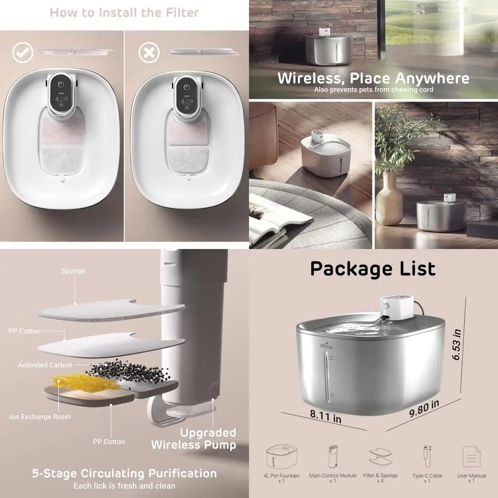 

Автономный фонтанчик для животных с питанием от батареи, 5-ступенчатой фильтрацией, емкостью 4,2 литра, датчиком движения и корпусом из нержавеющей стали