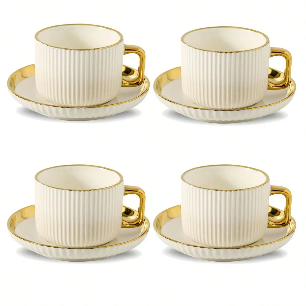 

Cups With Saucers, 8oz Ceramic Coffee Cups With Saucers Set, Latte Art Coffee Mugs With Gold Trim, Tea Cups Set Of 4, British I