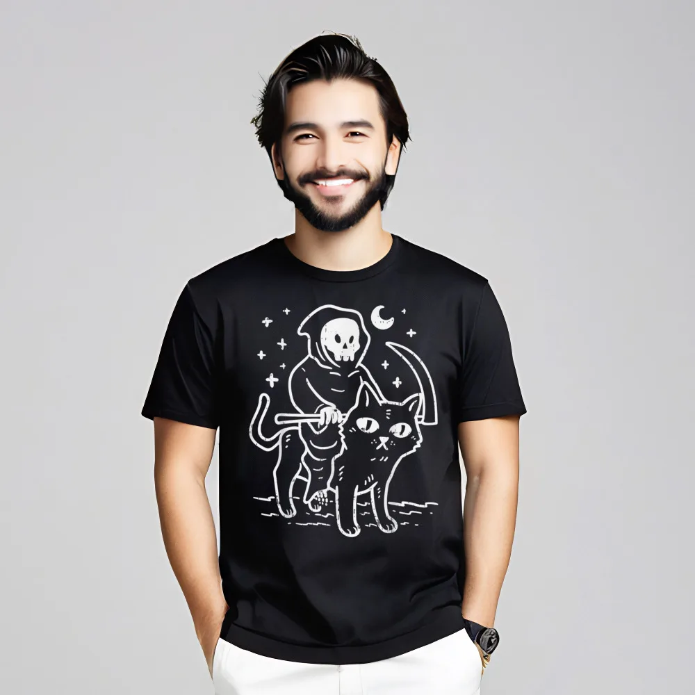 Grim Reaper Riding Cat Moon Cotton Fabric Mens Short Sleeve Tees Normal Labor Day Tshirts Street Tops Shirts Special O-Neck