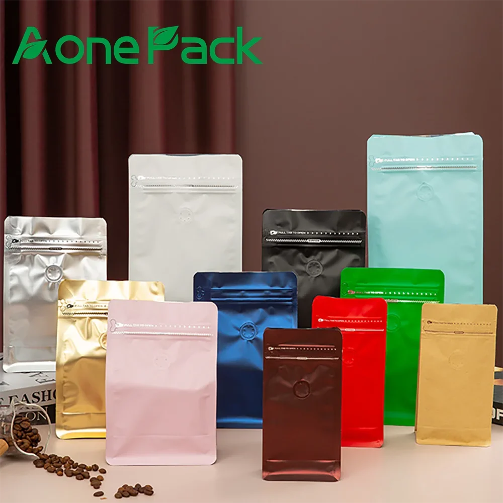 50pcs Reusable Dark Brown/Blue/Pink/Green Aluminum Foil Tea Coffee Grain Bag with Valve Smell Proof 250g 500g 1kg with Design