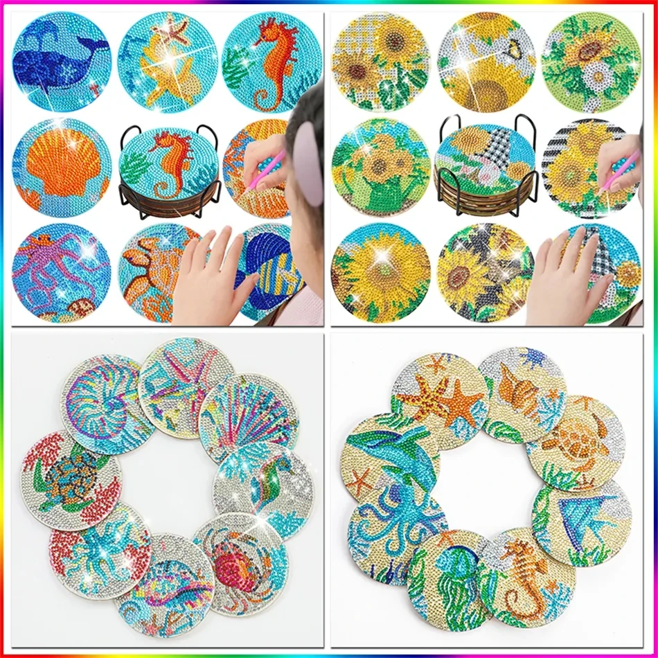 

PhotoCustom 8pcs/Set DIY Flowers Diamond Painting Coaster Circle-Shaped Drill Point Drill Coaster Cup Cushion With Rack Gifts