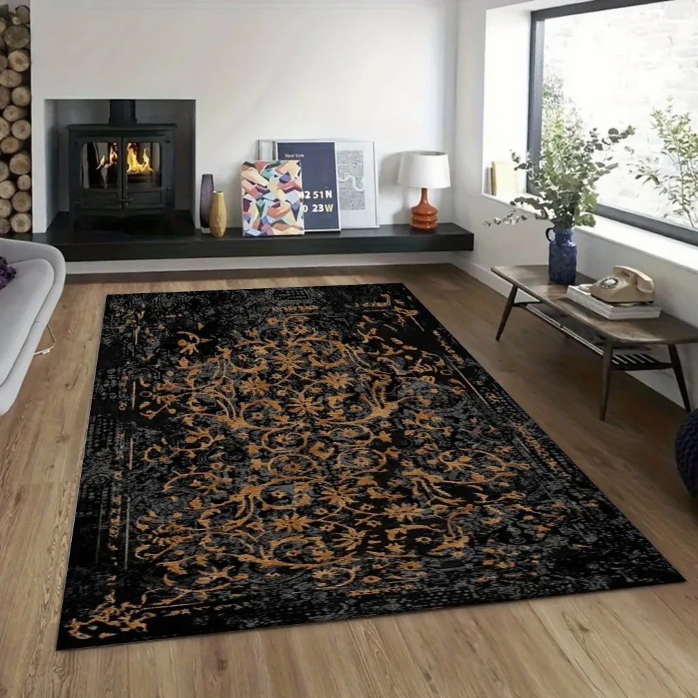 Gothic Black Carpet, Dark Academia Velvet Rug for Medieval Bedroom Study, Non-Slip Floor Mat Castle Library Vampire Theme Decor