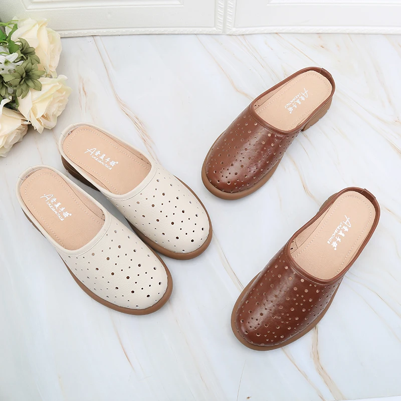 Indoor and Outdoor Wear Slippers Women Leather Vintage Breathable Hollow Cap Half Slippers Indoor Non-slip Summer Slippers for