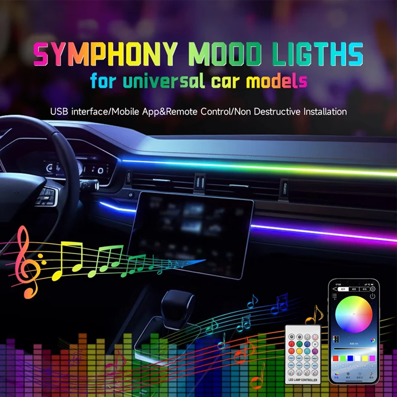 

Car LED Ambient Light USB 64 Colors Acrylic Strips 110cm Full Colors RGB Car Interior Hidden App Remote Control Atmosphere Lamps