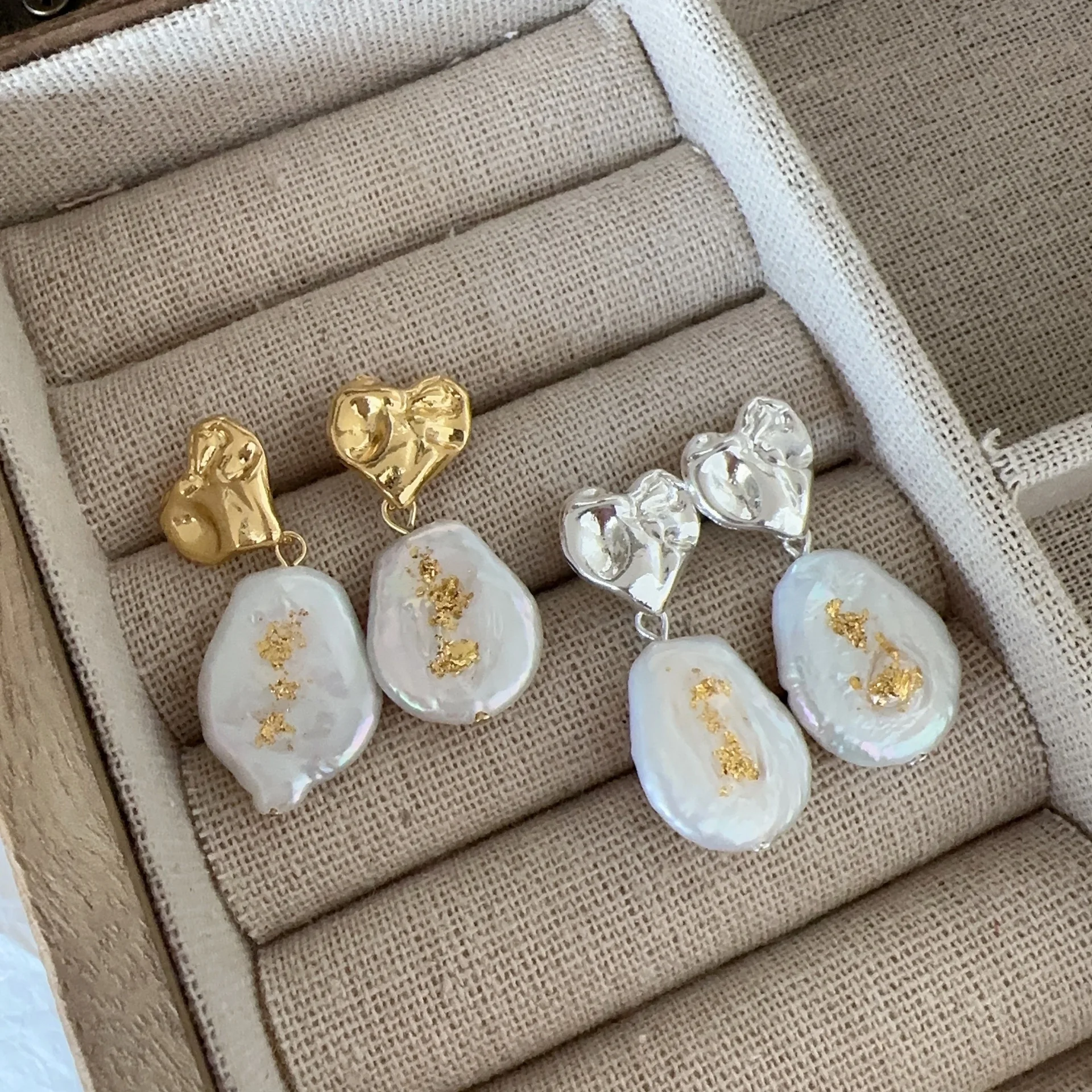 

Brass With 18K Natural Pearl Heart Drop Earrings Women Jewelry Punk Party T Show Gown Runway Korean Japan INS