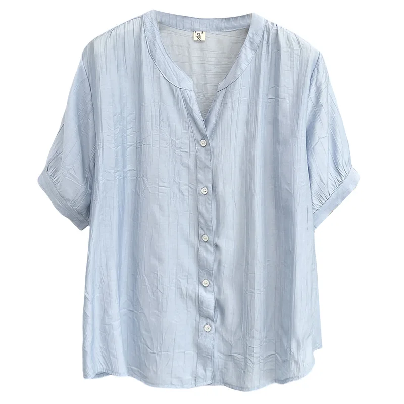 

100kg Plus Size Blouses Summer New Style Thin Slightly Wrinkled V-neck Short Sleeved Shirt Casual Women Top 8324