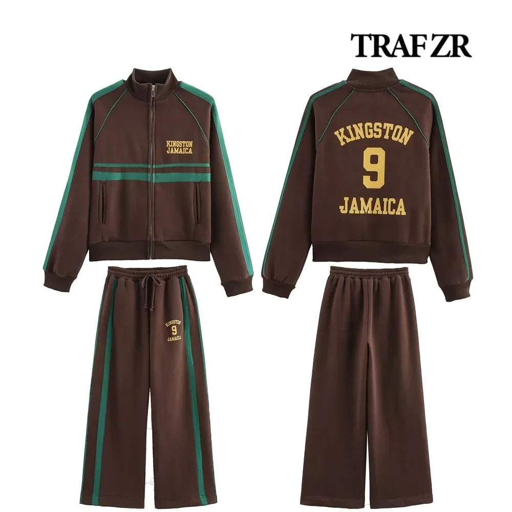 TRAF ZR Winter-Outfit für Damen, zweiteiliges Set, Jamaika-Textdruck, hoher Kragen, Reißverschluss, Sweatshirt + Plüschhose mit Kombinationsstreifen