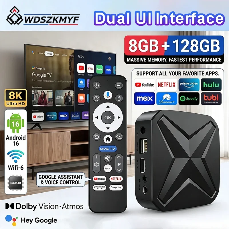 8K/4K UHD Streaming Media Player Smart TV Box Android 16 8GB+128GB WiFi6 Google Voice Assistant For Netflix YouTube IPTV Box