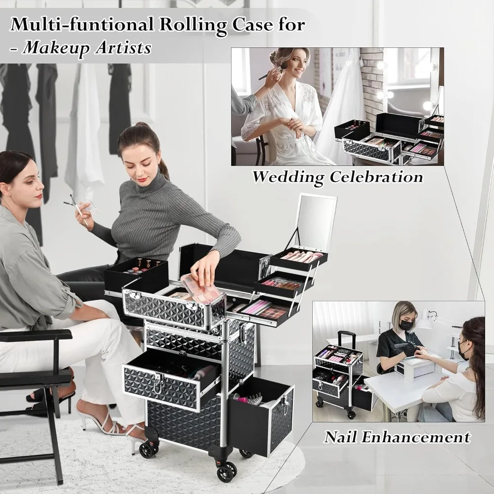 Joligrace Rolling Makeup Case with Wheels & Drawers Large Professional Cosmetology Trolley Case Lockable Travel Cosmetic