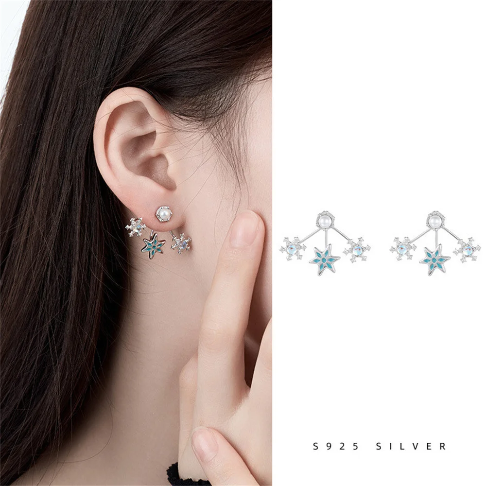 

S925 Sterling Silver Women's Snowflake Earrings New Flower Moonstone Fashion Back-Hung Jewelry