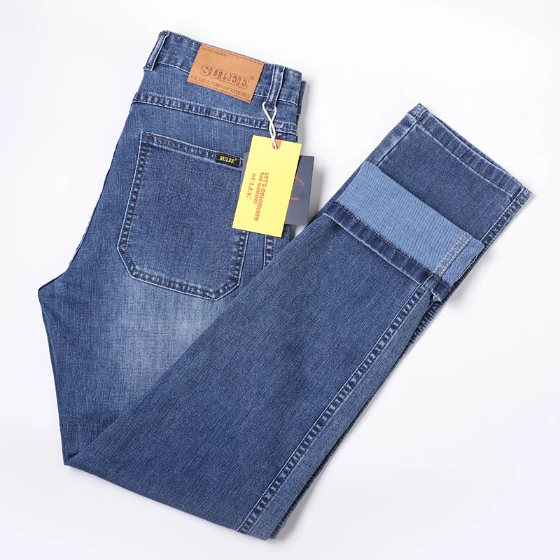 Celana panjang Denim elastis tipis pria, celana panjang Jeans kasual warna mewah Slim Fit musim semi dan panas 2024