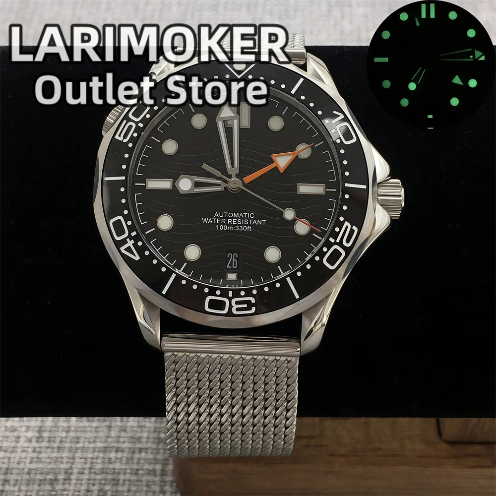 LARIMOKER GMT NH34 Automatic Movement 41mm Men'S Dive Watches Ceramic Bezel Domed Sapphire C3 luminous 100M Waterproof SolidStee