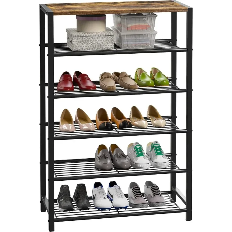 Yusong Shoe Rack for Closet Entryway, Narrow Tall Metal Shoe Shelves with Industrial Wooden Top