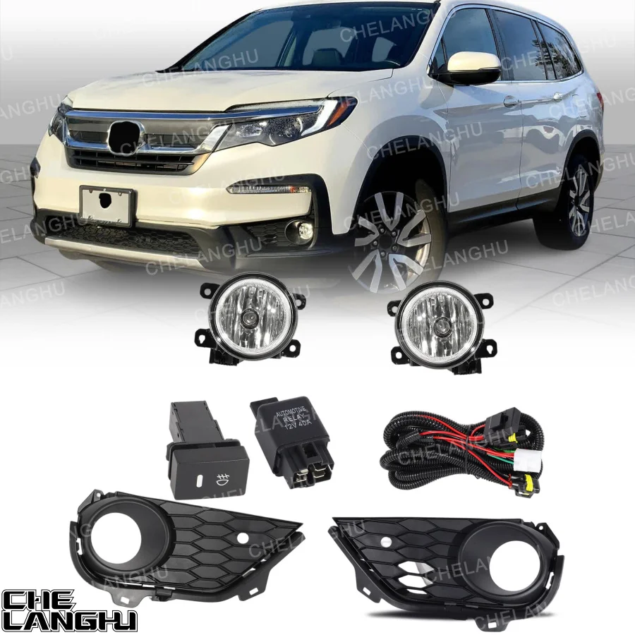 

For Honda Pilot 2019 2020 2021 2022 Car Front Halogen Fog Light Kit with Grille Cover Wire Switch Relay Car Accessory Set