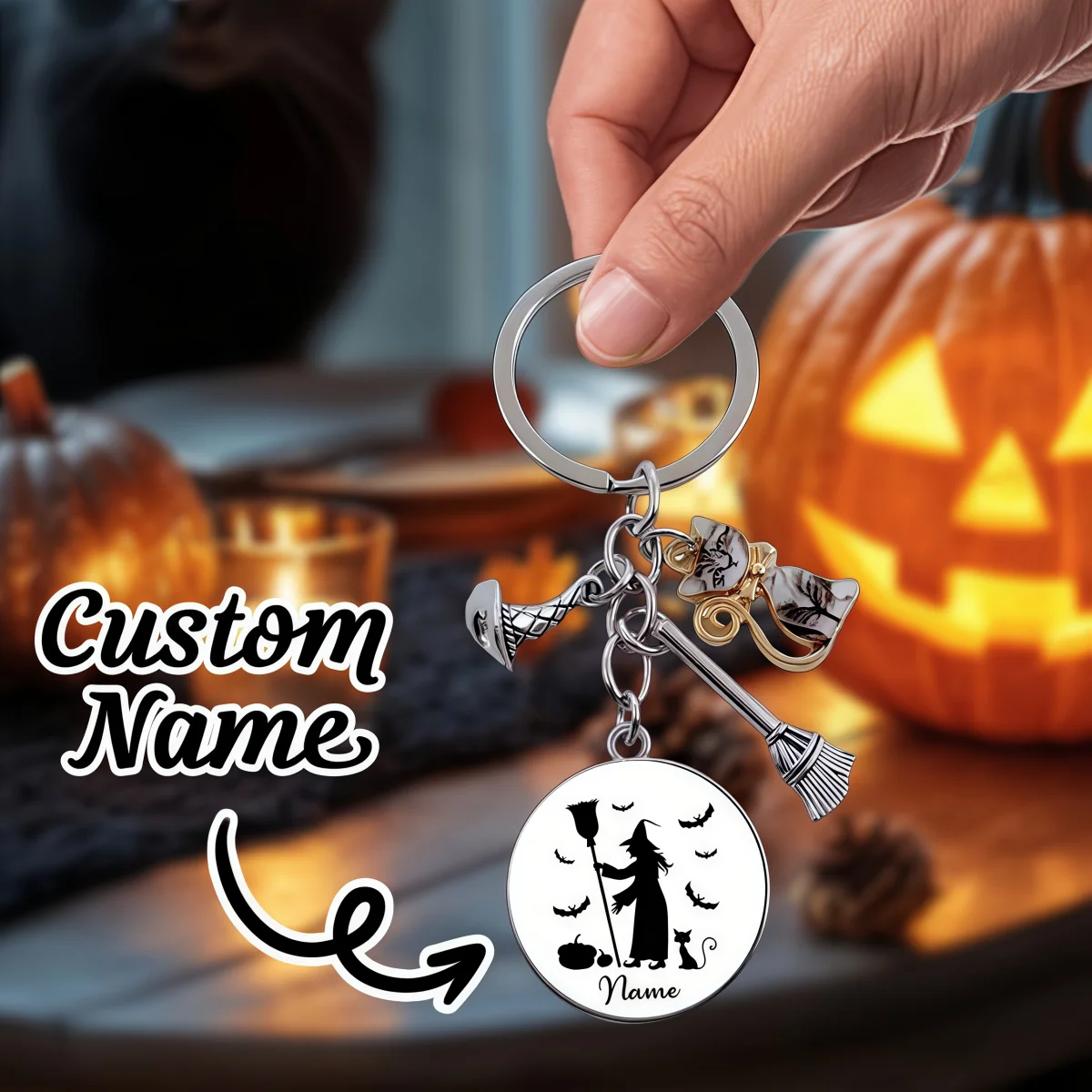 Custom Name Halloween Witch Keychain Broom Cat Charms Personalized Holiday Bag Pendant