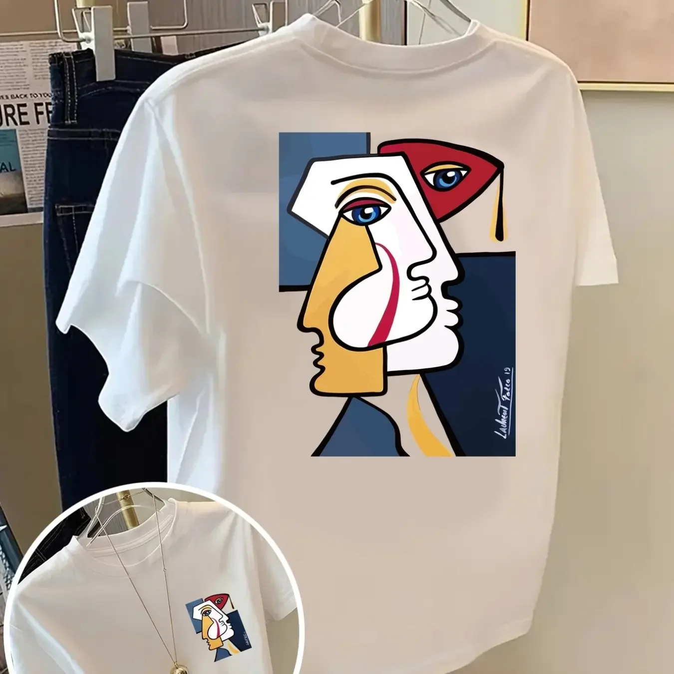 Men's Summer Casual Streetwear T-Shirt Abstract Cubism Face Back & Chest Print Cotton Top for Hangouts & Art Events