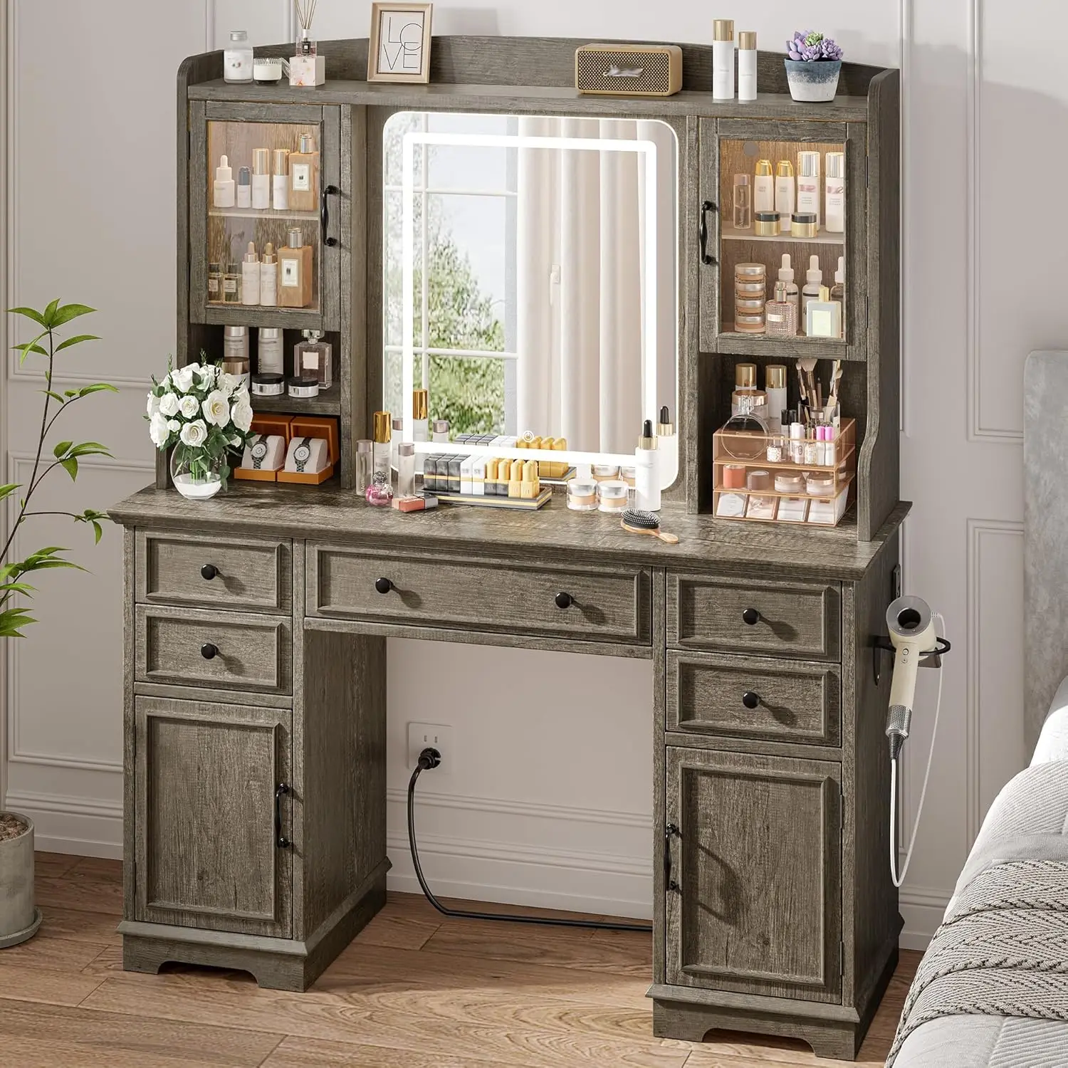 Farmhouse Vanity Desk with LED Lighted Mirror, Makeup Vanity Table with RGB Cabinets and Lots Storage, 5 Drawers and 6 S