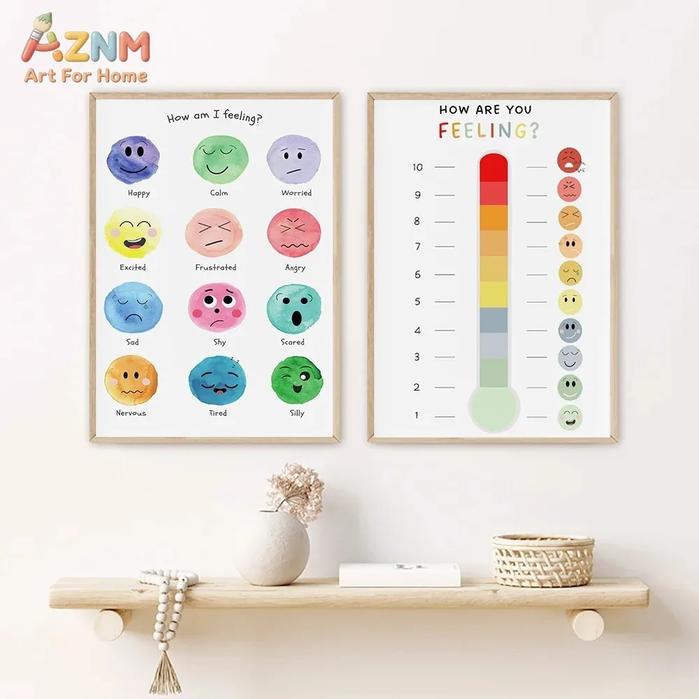 AZNM Kids Emotion Chart Canvas Wall Art Feelings Thermometer Mood Faces Educational Watercolor Print Frameless Canvas Painting N