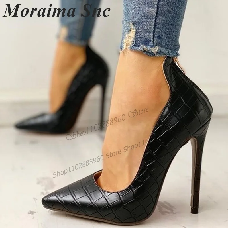 

Black Crocodile Skin Back Zipper Pumps Cover Heel Stilettos High Heel Women Shoes Slip-On Pointed Toe 2023 Zapatos Para Mujere