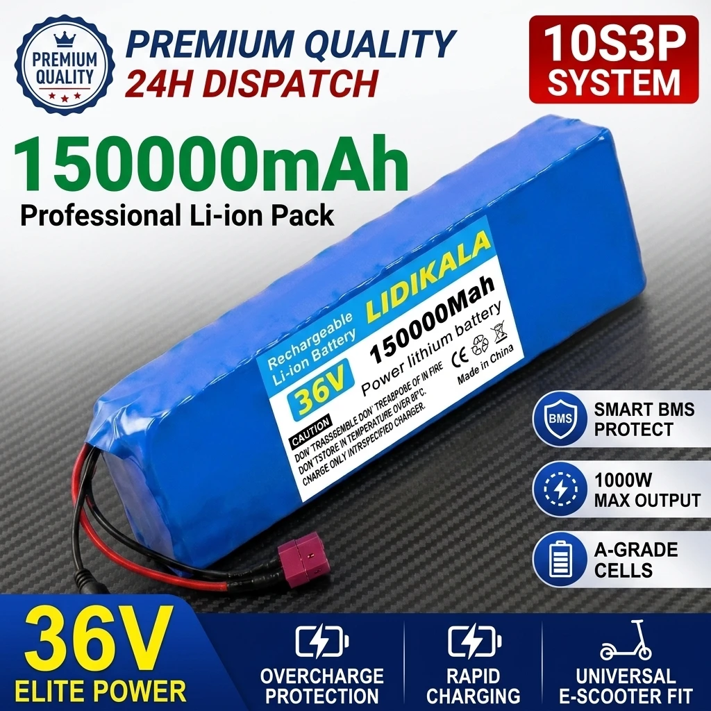 Neu aufgerüsteter 36V 10S3P 15000mAh wiederaufladbarer Lithium-Ionen-Akku, 250W-1000W Leistungs-Nachrüstsatz, geeignet für Elektroroller-Batterien mit BMS.