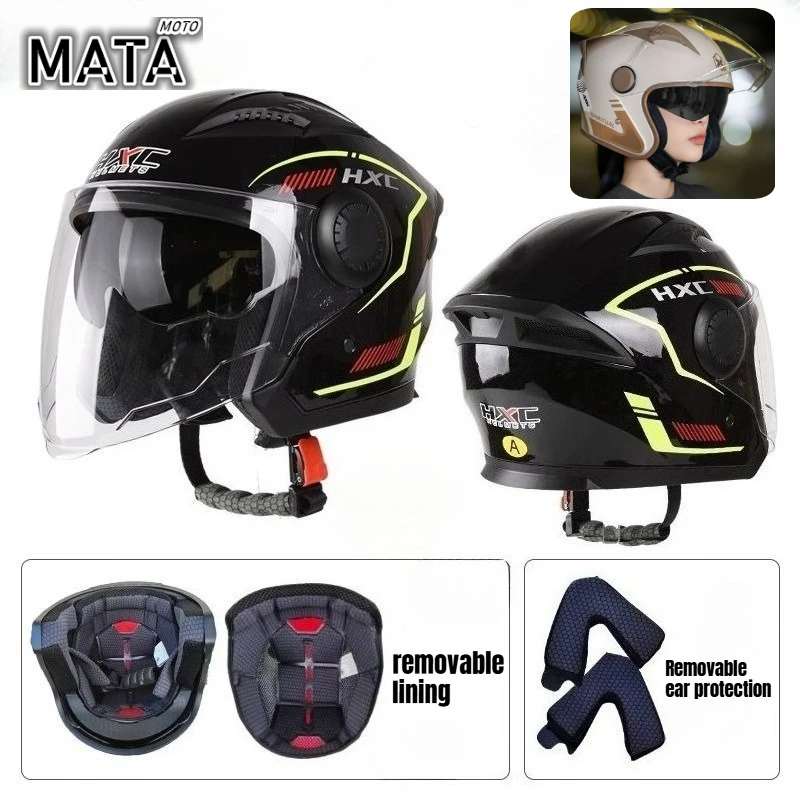 

Мотоциклетный шлем 3/4 с открытым лицом для мужчин и женщин, солнцезащитный козырек с двумя линзами, защитный козырек для лица, легкий скутер, велосипед в стиле ретро