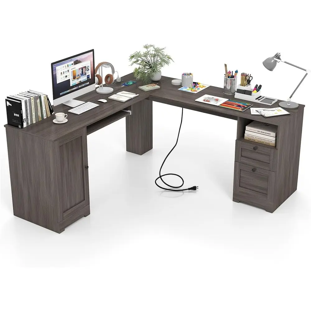 

Modern Corner L-Shaped Desk with Power Outlets, 2 Drawers, Adjustable Shelf, and Tray for Home Office