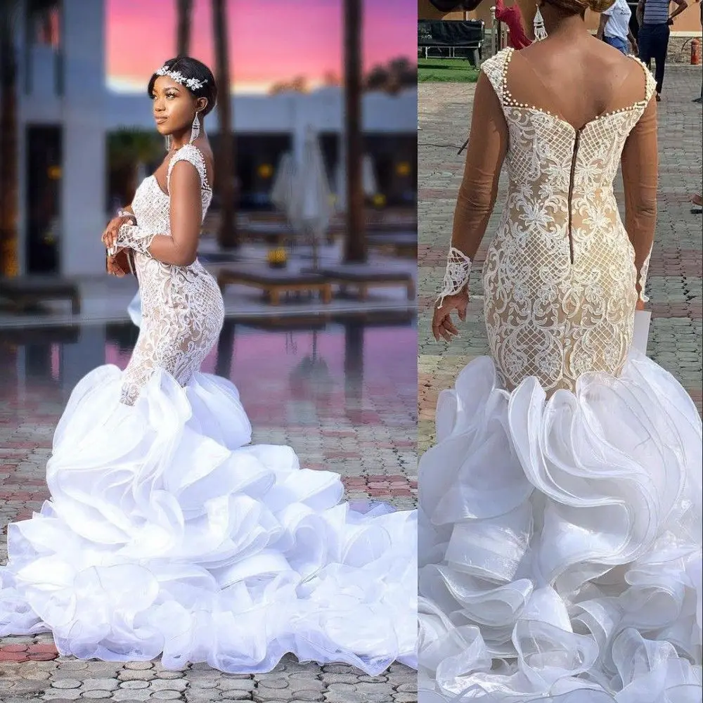 

Mermaid Wedding Gowns Bridal Gowns Sexy Arabic Lace Appliques Long Sleeves Chapel Train Ruffles Tiered Organza Plus Size Vintage