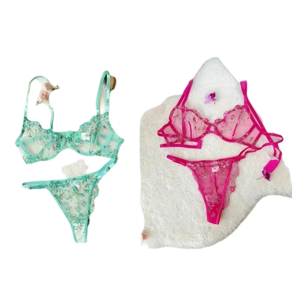 Transparentes Blumen-Spitzen-Stickerei-BH-Set, Sommer-Dünne Minimizer-Unterwäsche, Weich und Atmungsaktiv, Vollschalen-BH für Damen, Tägliche Hauskleidung S-XL