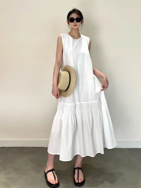 Coreano minimalista branco retalhos sem mangas colete em camadas saia linha a para as mulheres verão harajuku estilo preppy mori vestido de menina