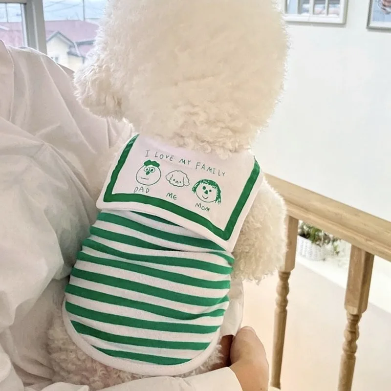 Camiseta Verde a Rayas para Cachorros, Chaleco con Cuello Azul Marino, Estampado de Dibujos Animados, Ropa Transpirable de Manga Corta para Perros Pequeños y Gatos