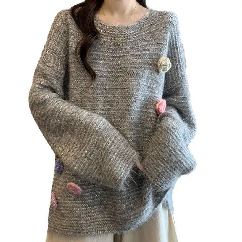 스웨터 니트웨어 여성 플러스 사이즈 아름다운 꽃무늬 회색 스웨터 여성 니트웨어 긴팔 탑 가을 겨울용