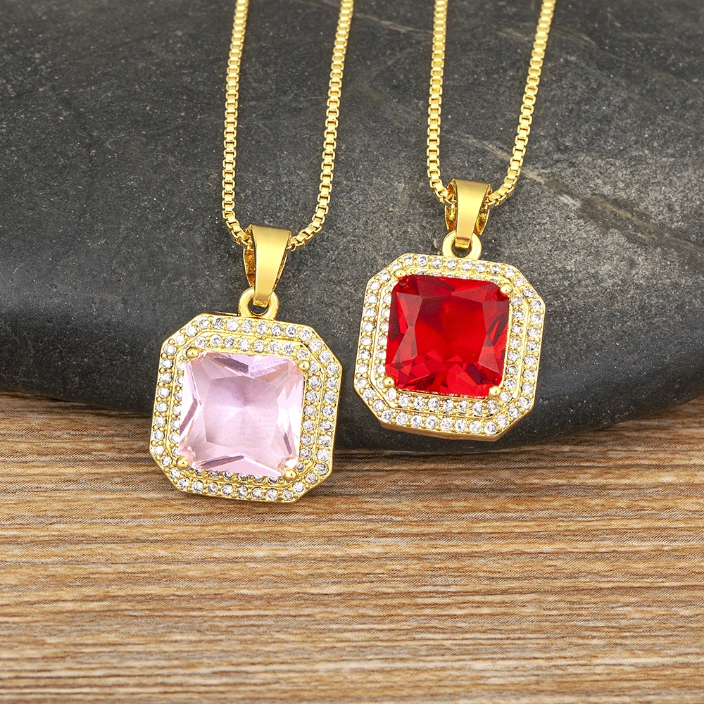 

Nidin Ins Trendy Shiny Zircon Square Shape 6 Colors Link Chain Necklace Gold Plated Fine Party New Year Jewelry Gift Wholesale