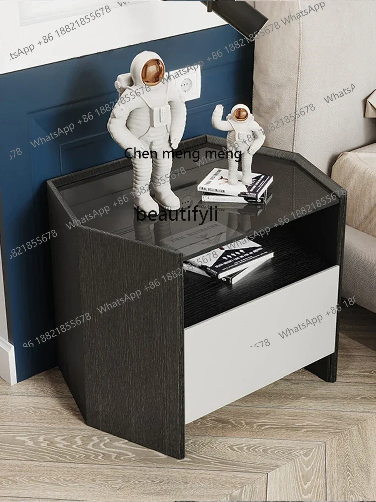 

ss7304 Bedside Table Simple Bedside Small Cabinet Storage Tempered Glass with Drawer Side Cabinet Storage Cabinet