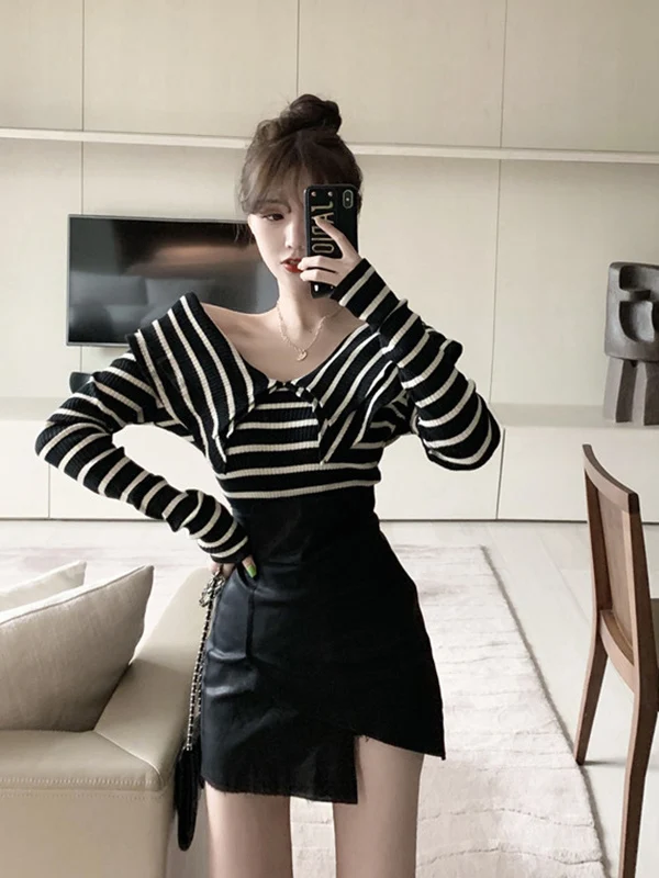 Hong Kong Style V-Neck Sweater Skirt Set Asymmetrical High Waist PVC Fabric Autumn Winter Fashion Two-Piece Suit Women's Skirts