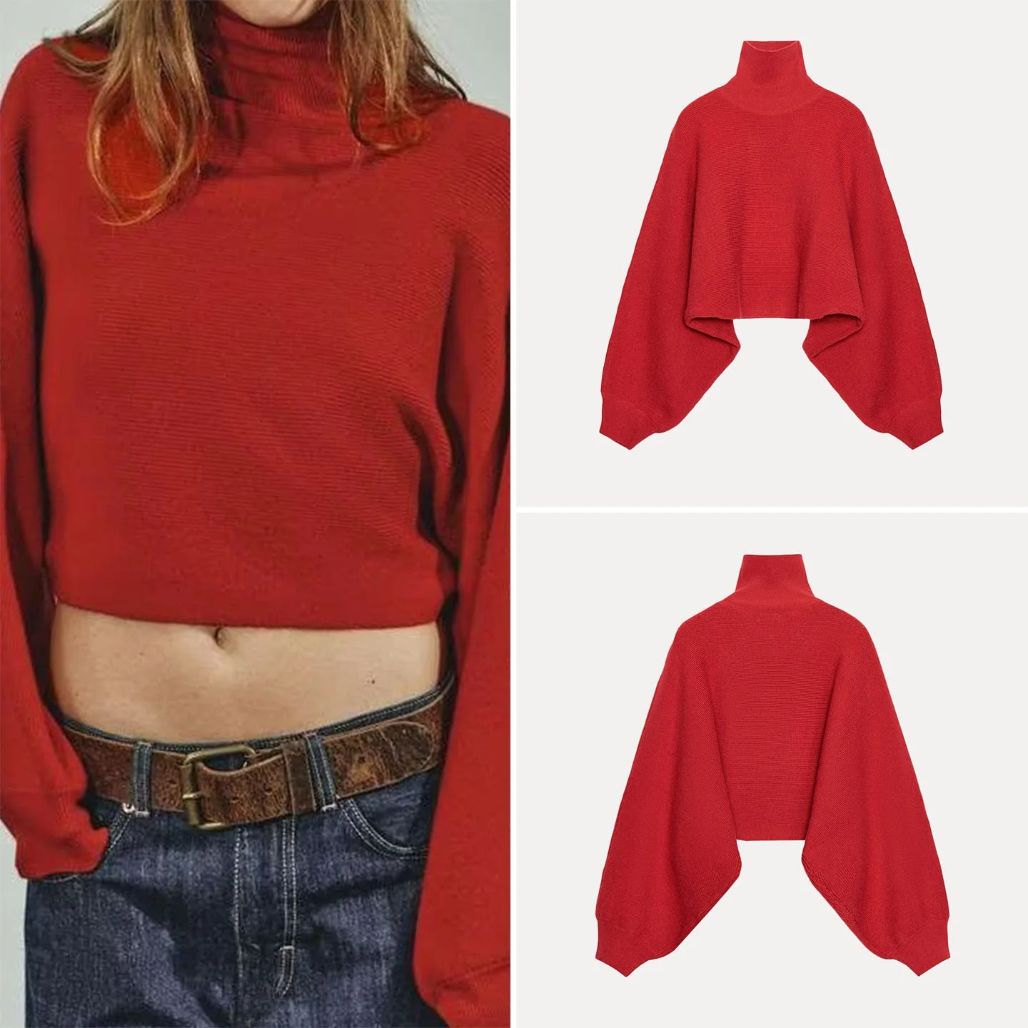 Z Women's Faionable Versatile Wide Sve Knitwear 2025 New Sle Loose Fit High Collar ort Length Autumn Season