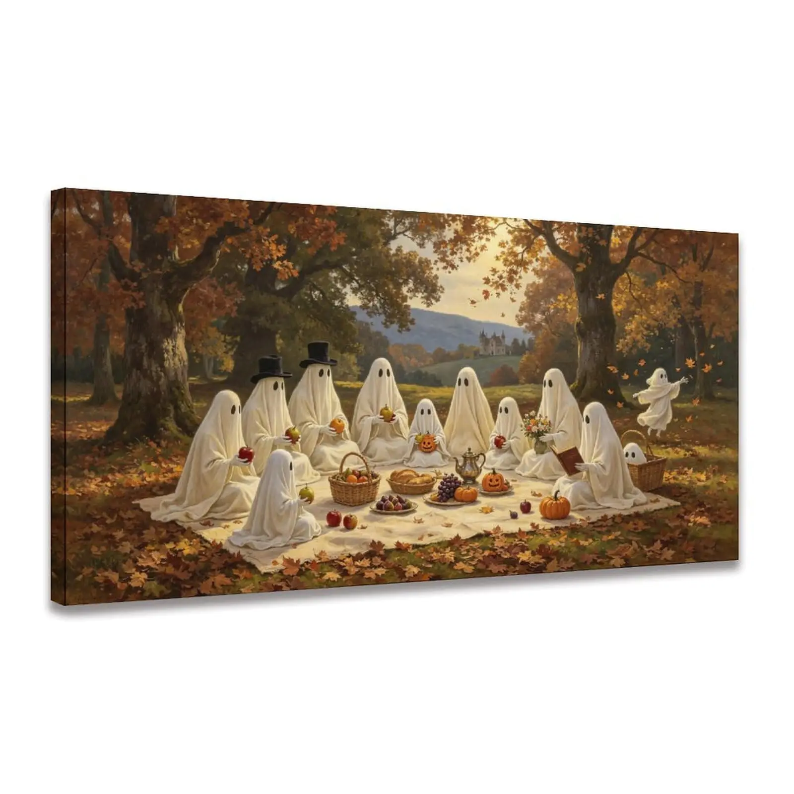 Framed Ghost Picnic Wall Art, Autumn Forest Canvas Print Decor 58x28 inch