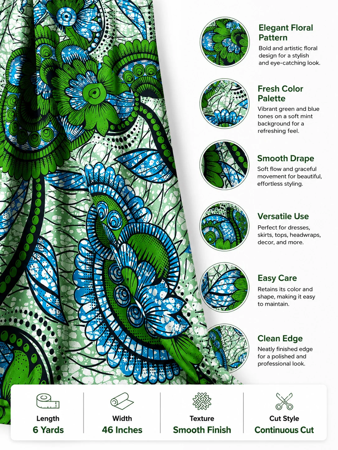 High Quality African Real Wax Ankara Fabric Green Blue Floral Print 6 Yards 100% Cotton Nigerian Wax Cloth For Ladies Dress view 2