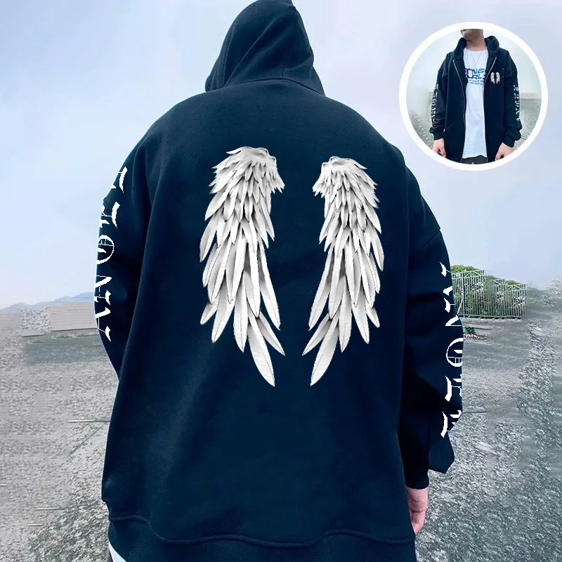 Angel Wings Personality Pattern Female And Man Zip Hoodies Harajuku Fleece Hooded Fashion Casual Pullovers Hip Hop Loose men Top