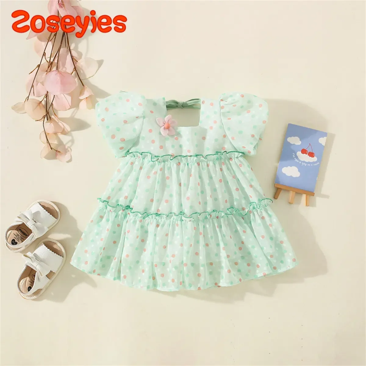 Summer New Baby Girls Round Neck Bubble Sleeve Layer Lace Pleated Polka Dot Ribbon Bow Casual Sweet Princess Dress