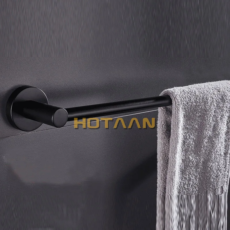 Hotaan Modern Style Matte Black Wall Mounted Single Towel Bar Bathroom Towel Hanger  Shelf Bathroom Accessories Holder wood base