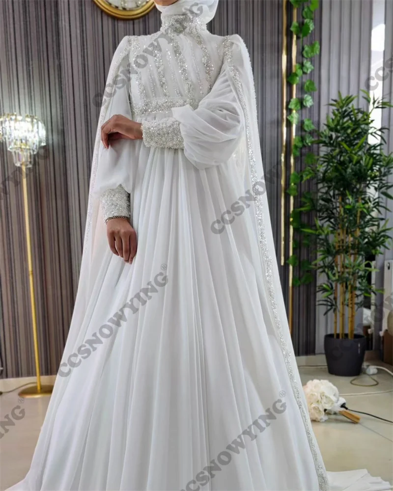 Chiffon Beaded Long Sleeve Muslim Wedding Dress for Bride Hijab Islamic Bridal Gowns with cape Women Arabic Dubai Robe De Mariée